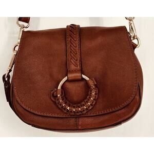Sm Brown Cowhide Laced Leather Metal Circle Magnet Close Crossbody